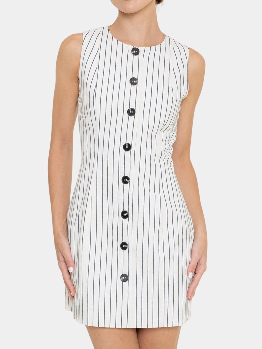 Sleeveless White Pinstripe Button-Front Mini Dress